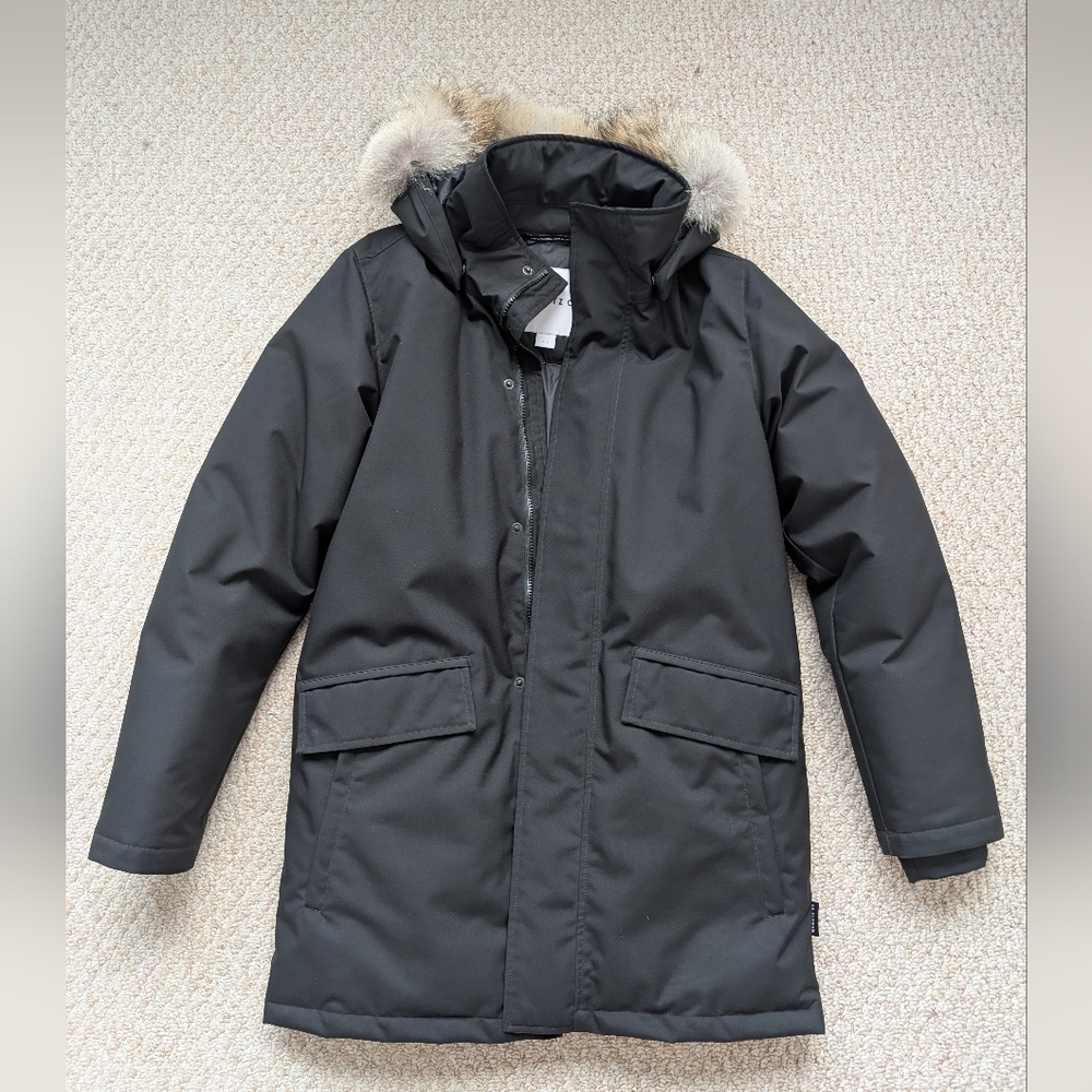 Men's Quartz Co Black Parka Coat with Fur Hood, Small